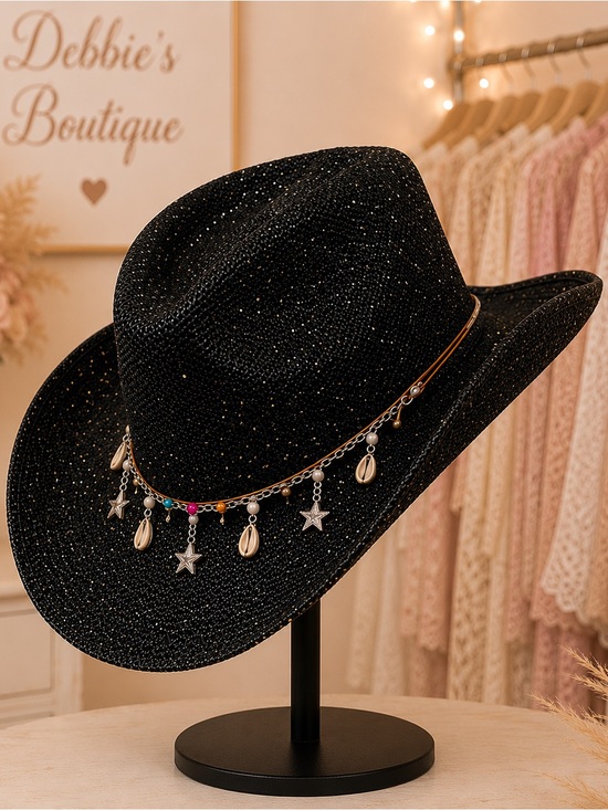 NEW Black Sparkle Cowgirl Hat Adjustable Charm Band Western Boutique